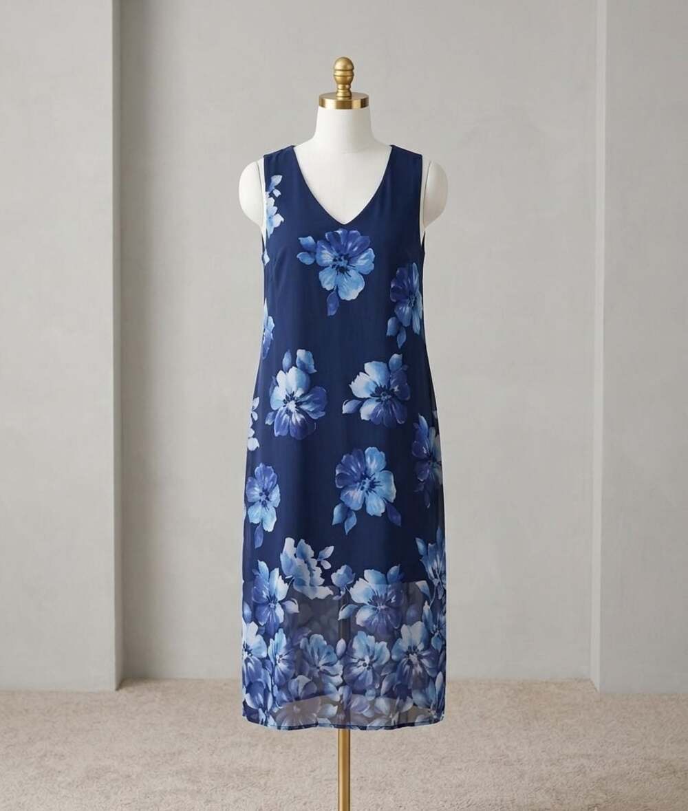Coldwater Creek Sleeveless V-Neck Floral Chiffon Overlay Maxi Dress 18W